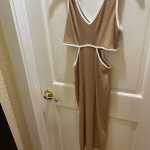 Caution To The Wind Backless Tan Dress with White Accents